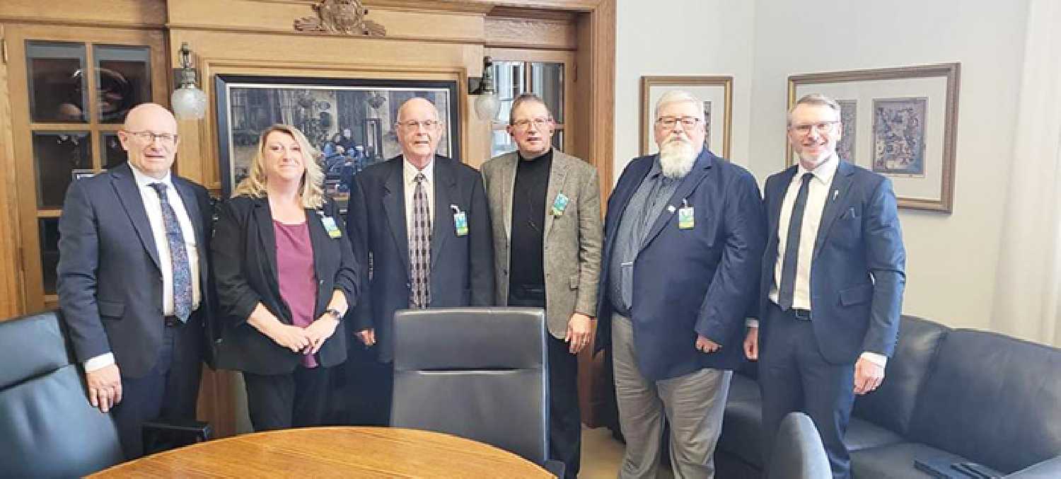 Officials at the 2023-24 Provincial Budget  Release that announced funding for Esterhazy�s new healthcare facility. <b>From left:</b> Melville-Saltcoats MLA Warren Kaeding, Esterhazy Economic Development Director Tammy Macdonald, Don Hood with St. Anthony�s Hospital Foundation, Don Bernath with St. Anthony�s Hospital Foundation, Esterhazy Mayor Grant Forster, and Saskatchewan Health Minister Everett Hindley.